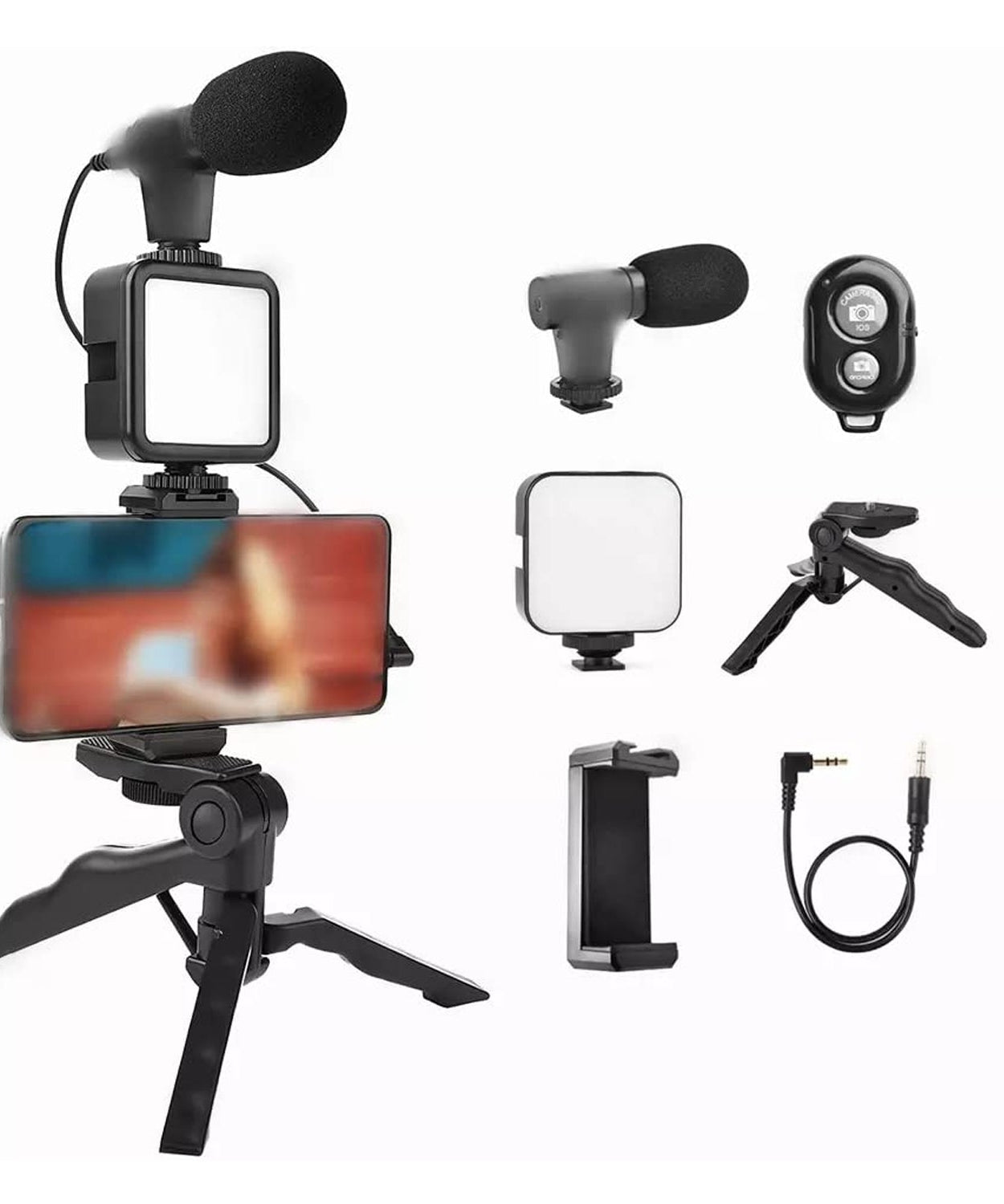 Vlogging kit showing microphone and light