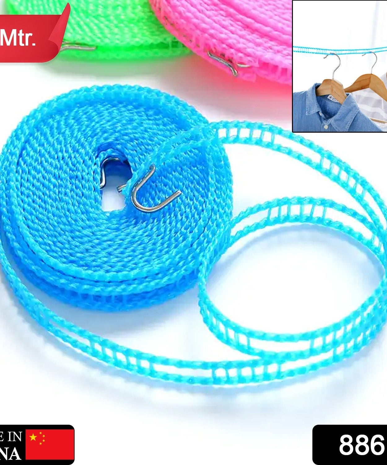 3 Meter Anti-Slip Clothesline Rope - Nylon, Hooks, Indoor/Outdoor