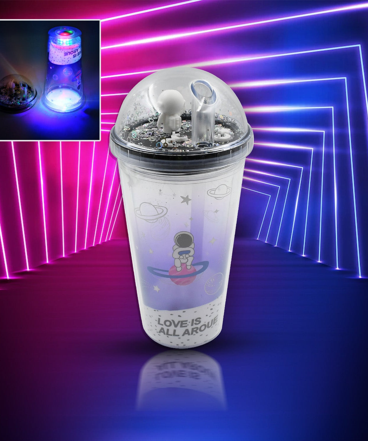 Astronaut-themed tumbler with straw and LED glow