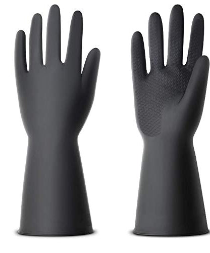 Reusable cleaning gloves made from natural gum rubber.