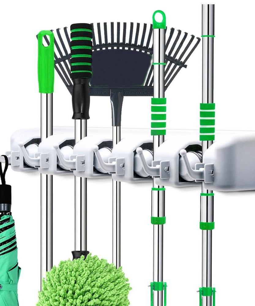 5-layer wall-mounted organizer for mops and brooms.