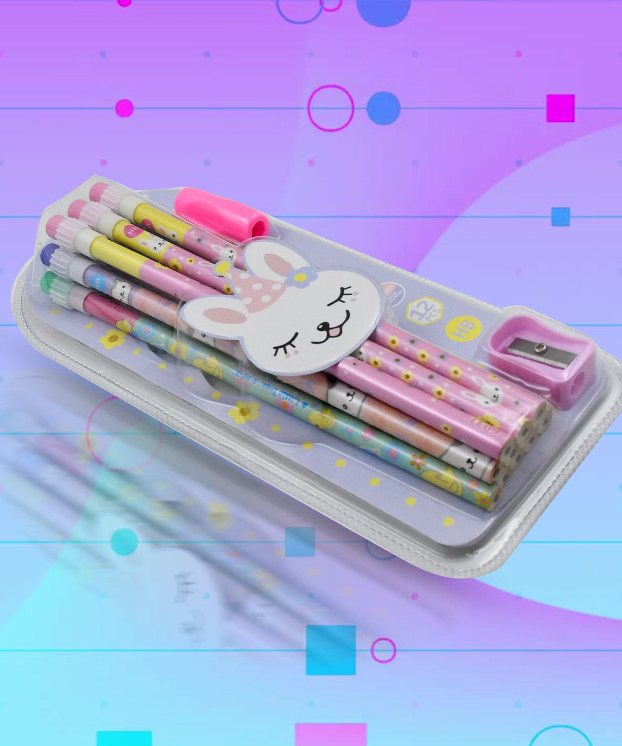 14-piece pencil set with cute illustrations and erasers
