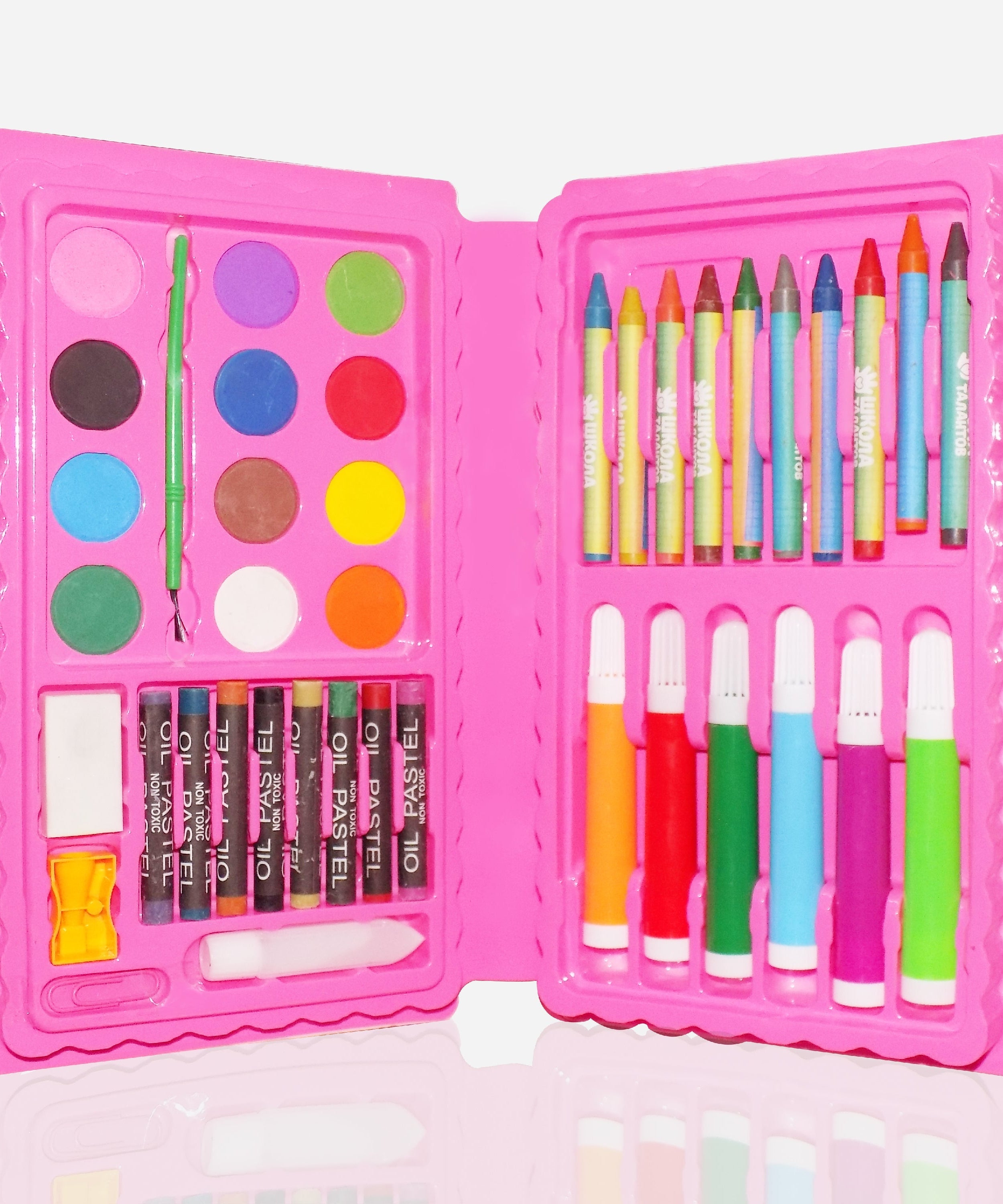 42-piece art kit including crayons, watercolor, and sketch pens.