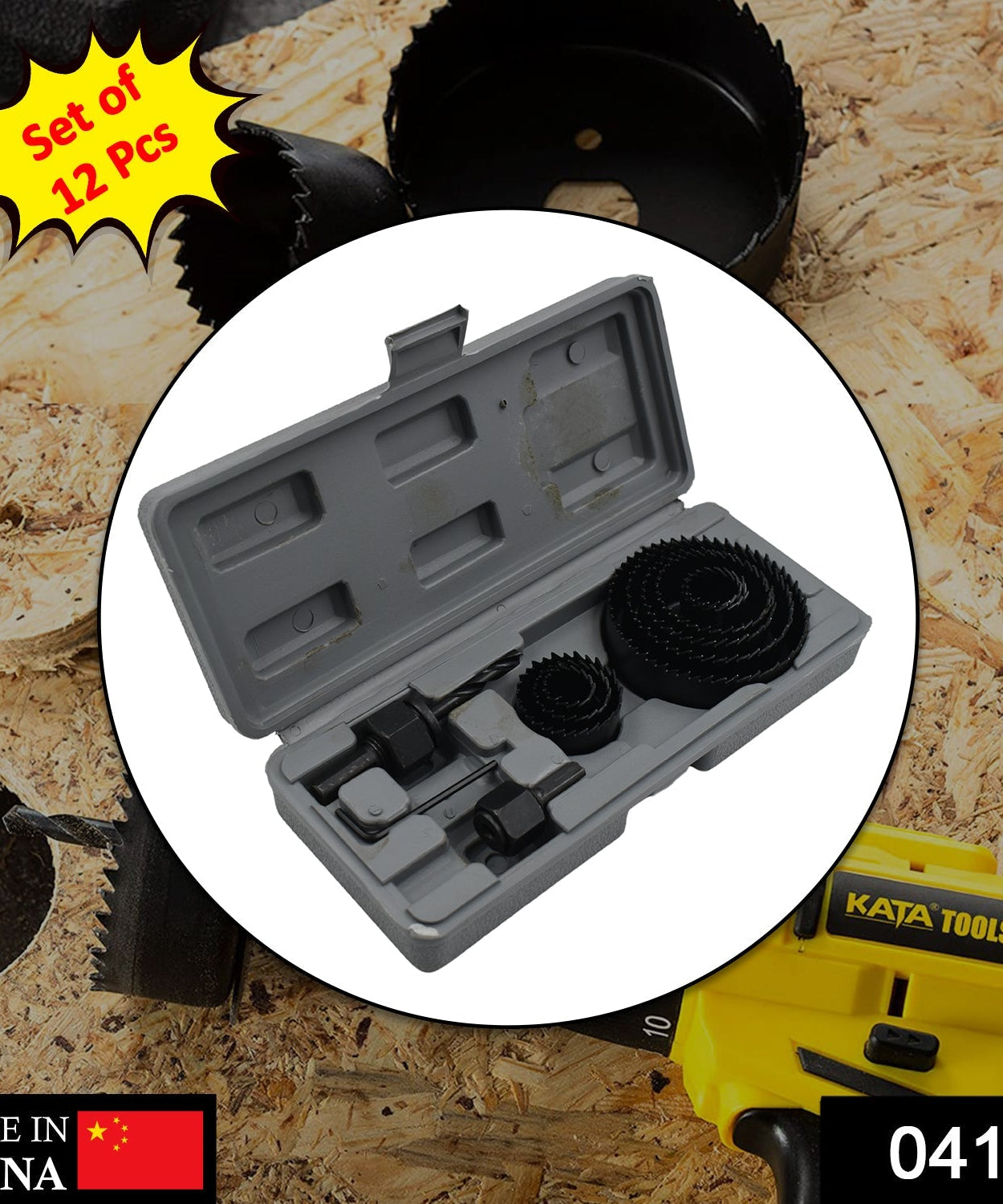 Comprehensive hole saw kit with 12 pieces.