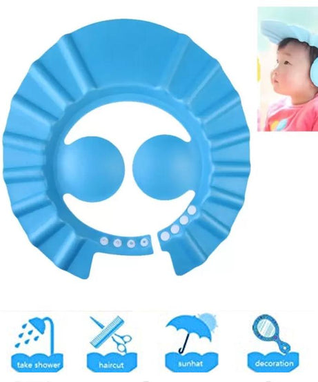 Adjustable baby shower cap for safe bathing.