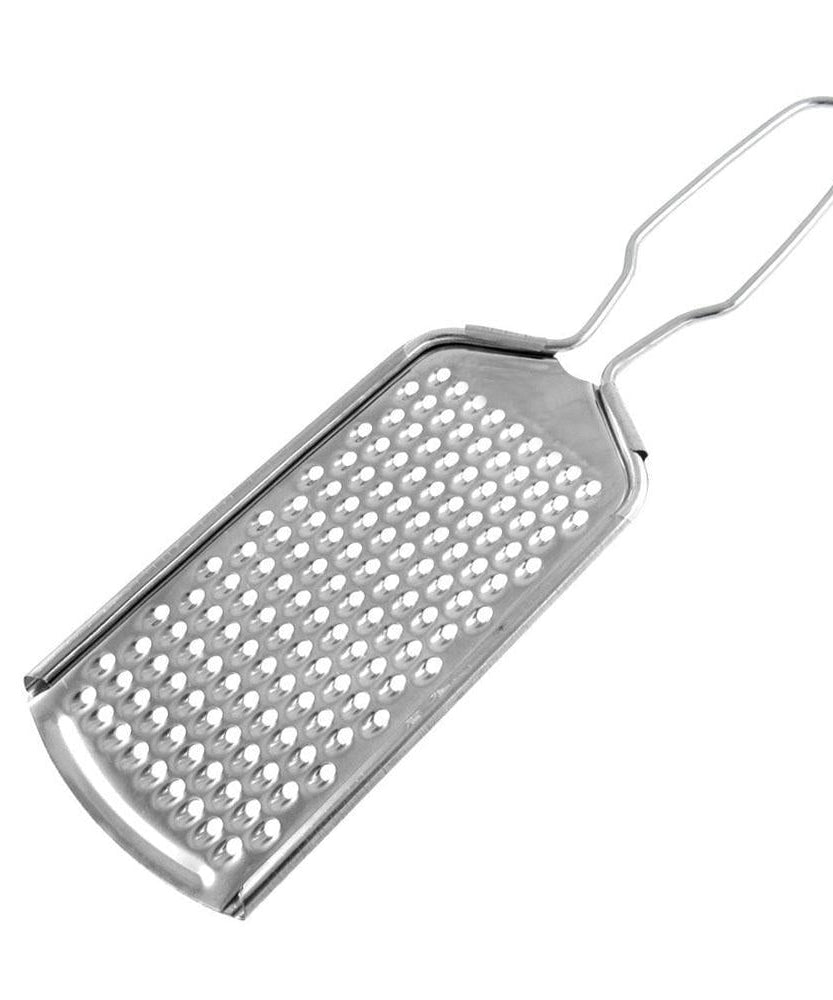 Multi-purpose zester grater with stainless steel blades for nutmeg, cheese, and citrus zesting.