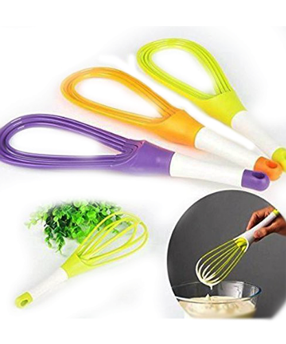 Plastic whisk mixer for various liquids, including milk, coffee, eggs, and juice.