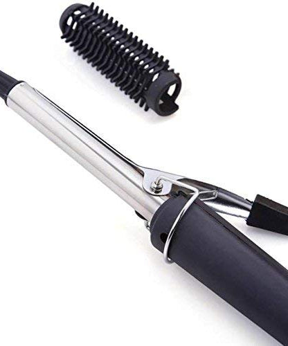 Black hair curling iron rod with heat control.