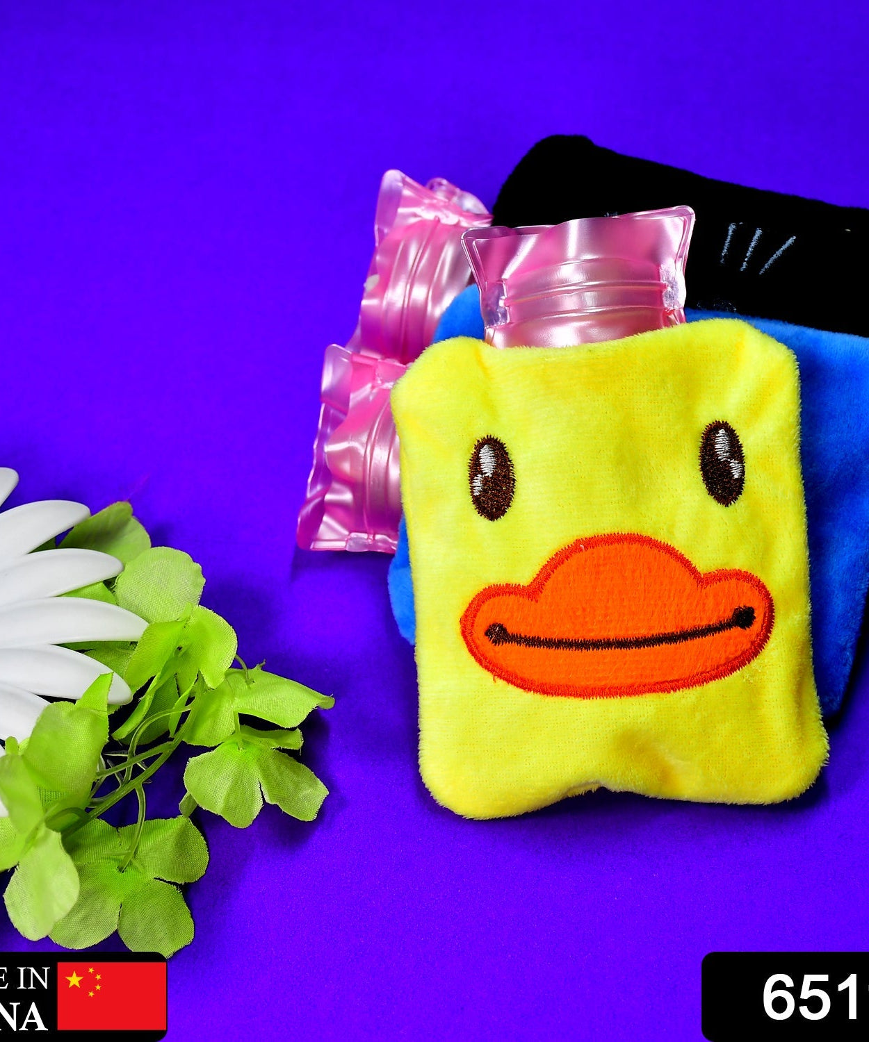 Hot water bag in yellow duck shape for neck, shoulder pain, and menstrual cramps