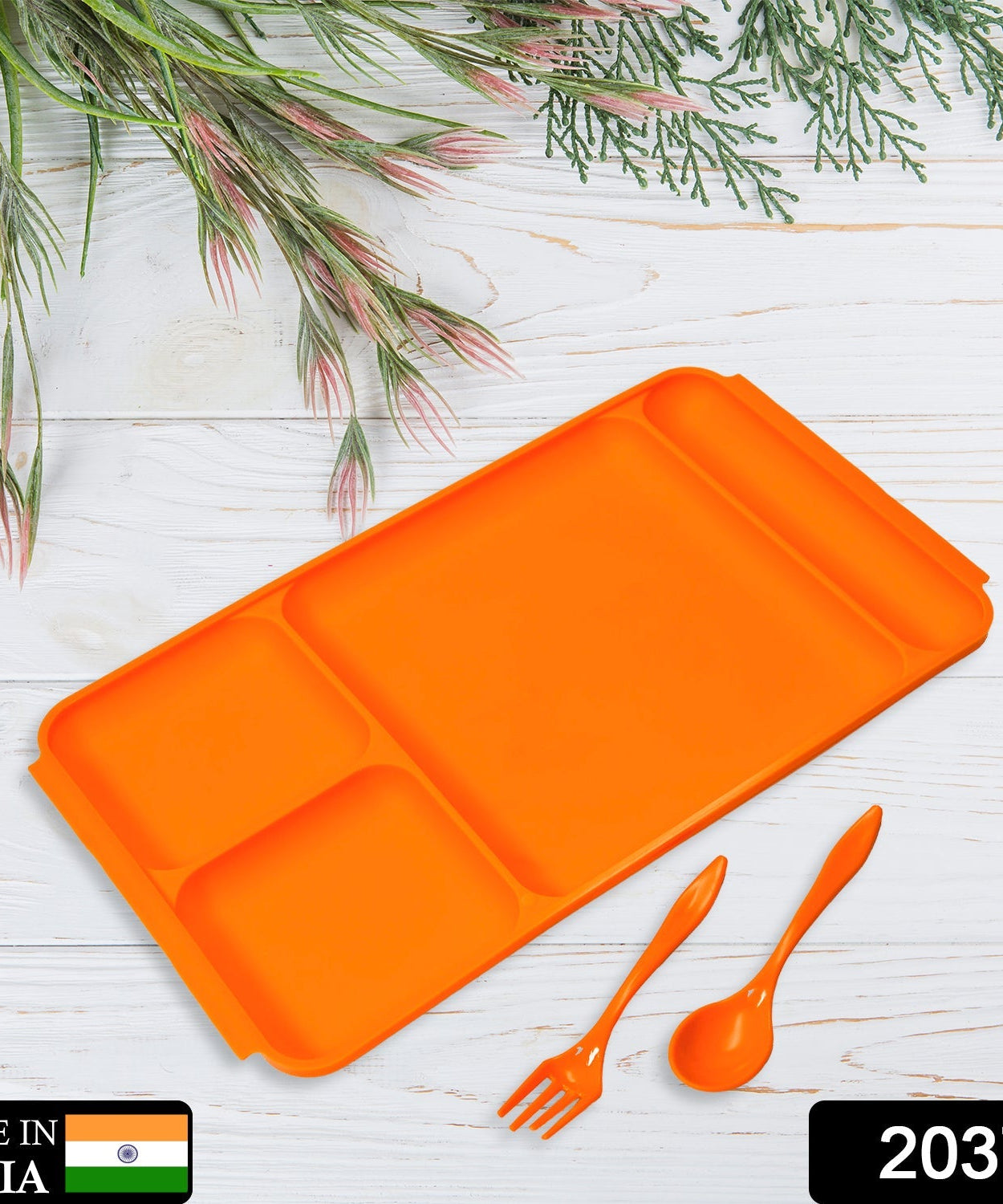 Plastic compartment plate with spoon and fork for meals