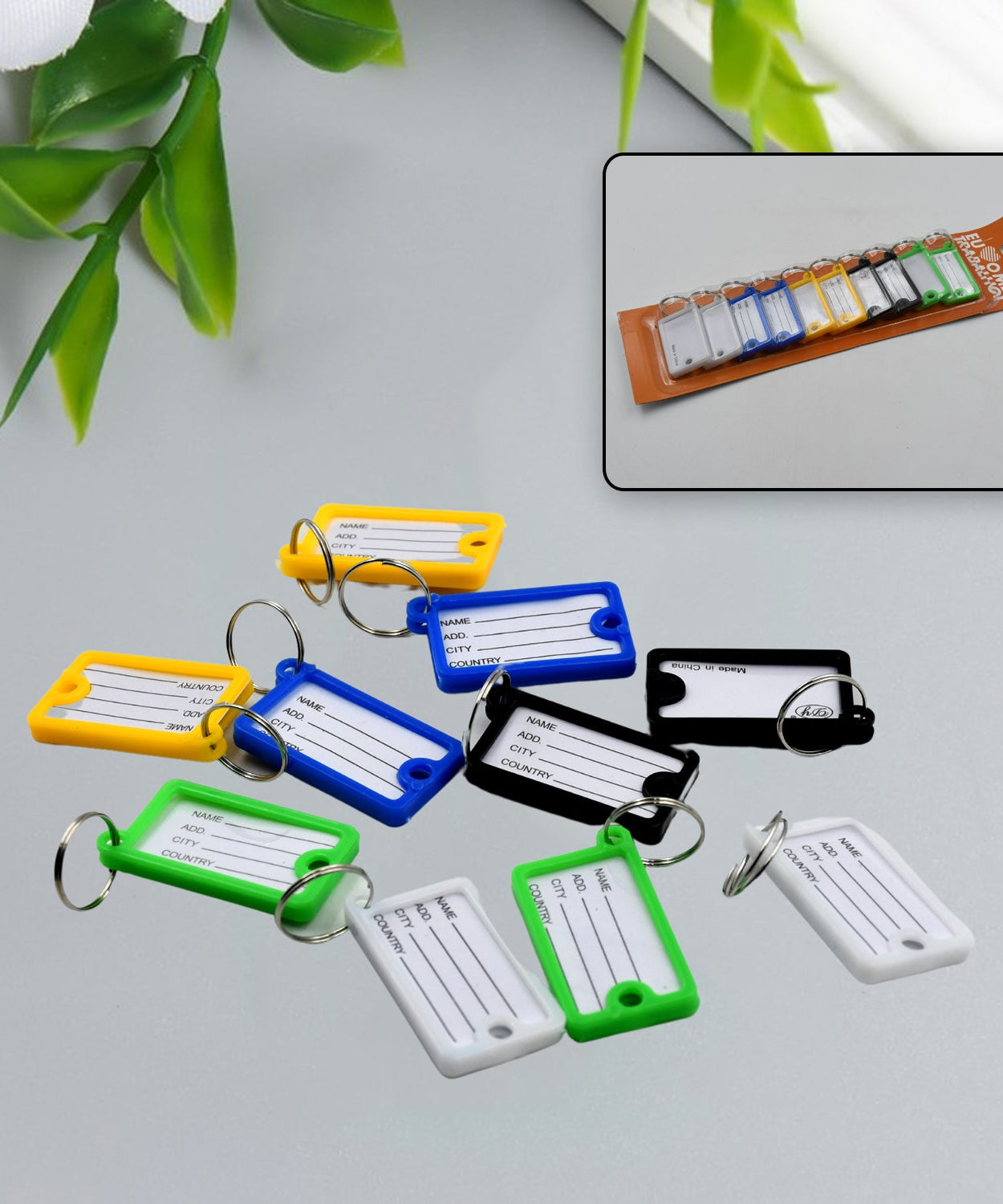 Set of 10 plastic key tags with key rings, numbered, includes backpack keychain.