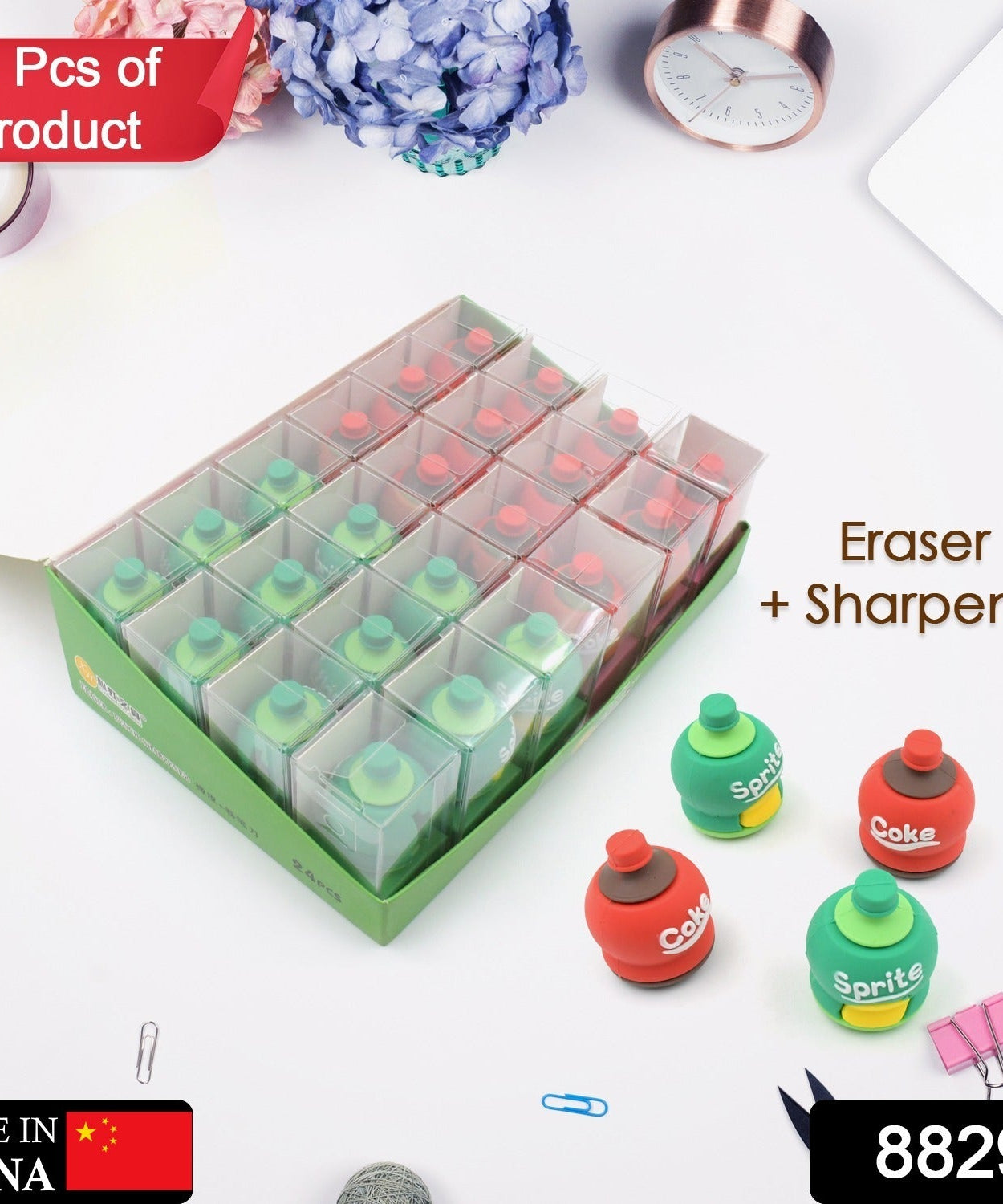 2-in-1 3D Cold Drink Bottle Shape Rubber Pencil Sharpener and Eraser Set, Stationery for Kids School Boys Girls, Birthday Return Gifts (24 Pcs Set )