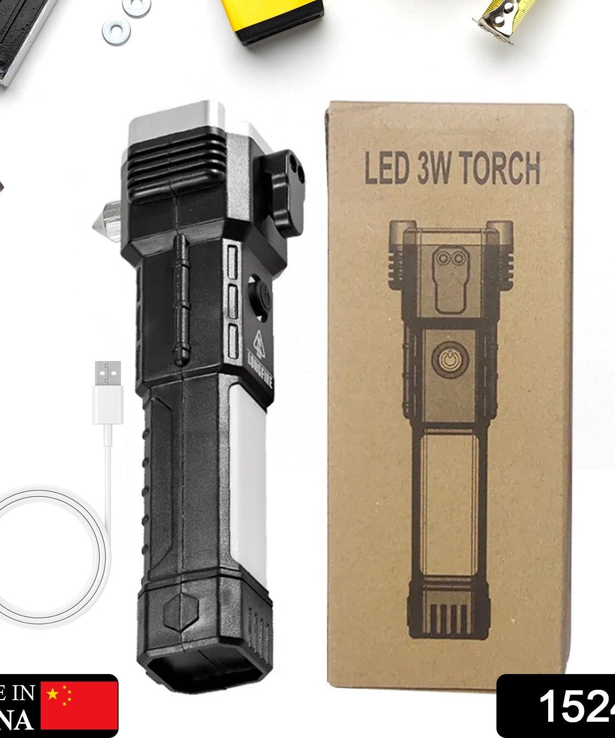 Portable 3w Rechargeable Torch LED Flashlight Long Distance Beam Range, Hammer and Strong Magnets, Window Glass and Seat Belt Cutter 4 Modes for Car Camping Hiking Indoor Outdoor