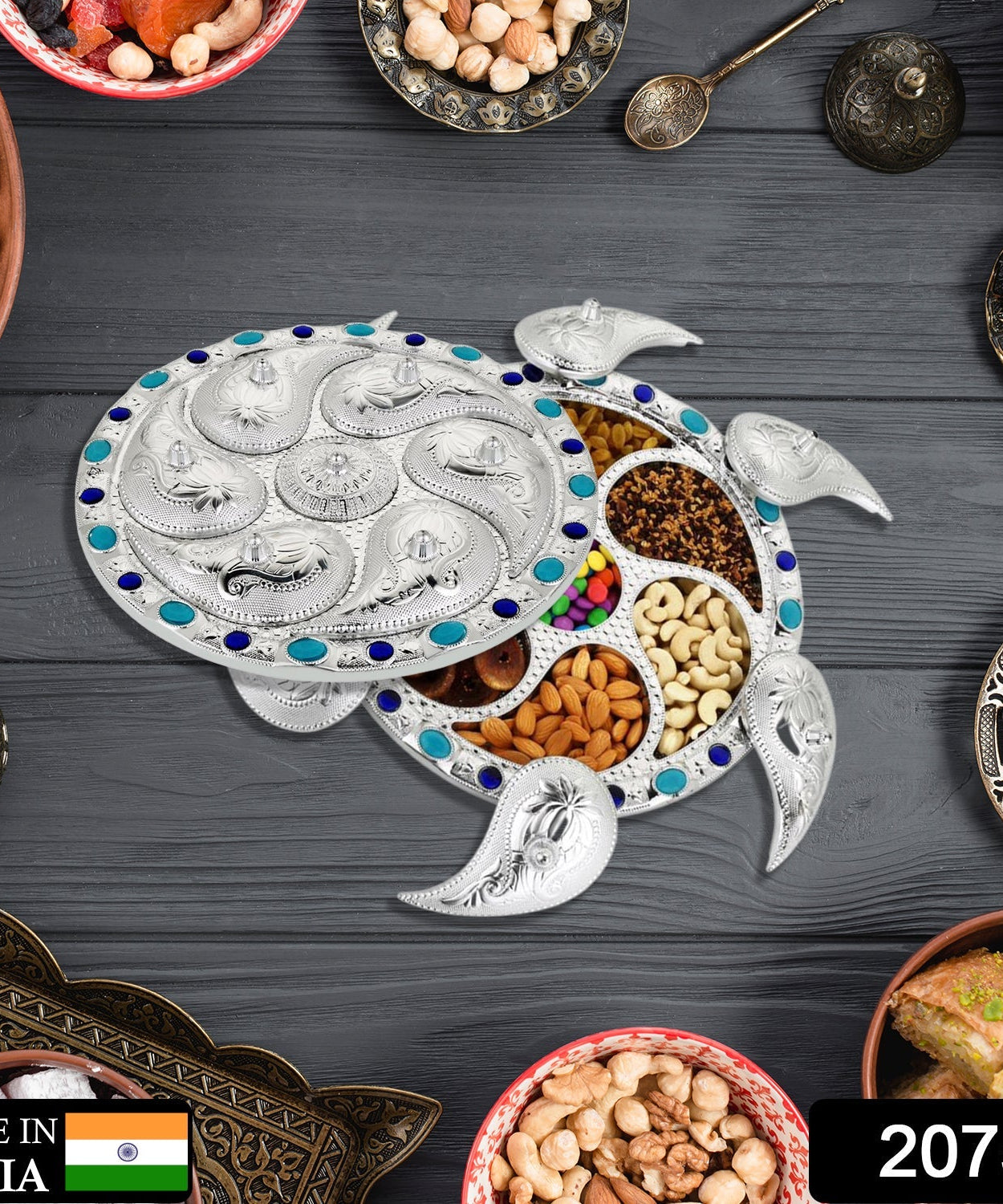 Seven-section rotating tray for serving and storage