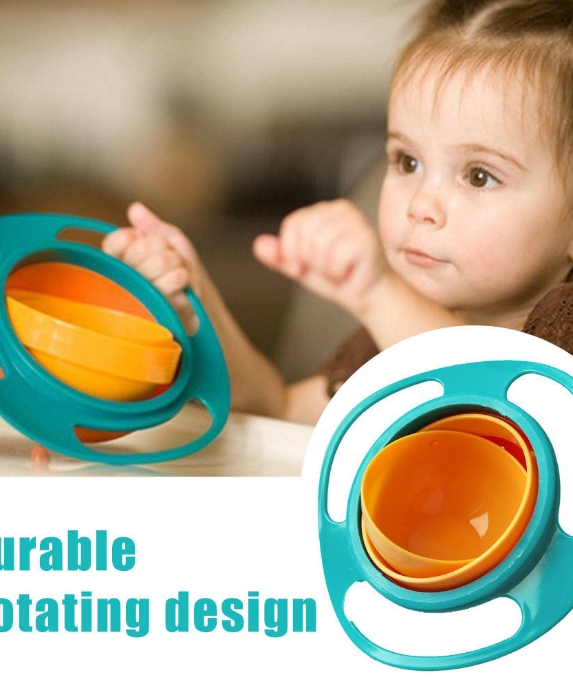 Non-spill toddler bowl with 360-degree rotating feature, portable for feeding on-the-go.