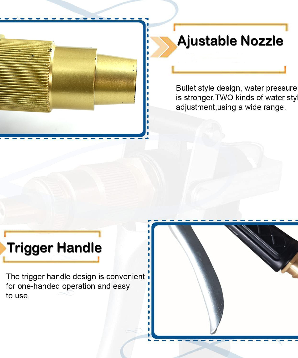 Trigger hose nozzle in gold, durable with lever action for water spraying.