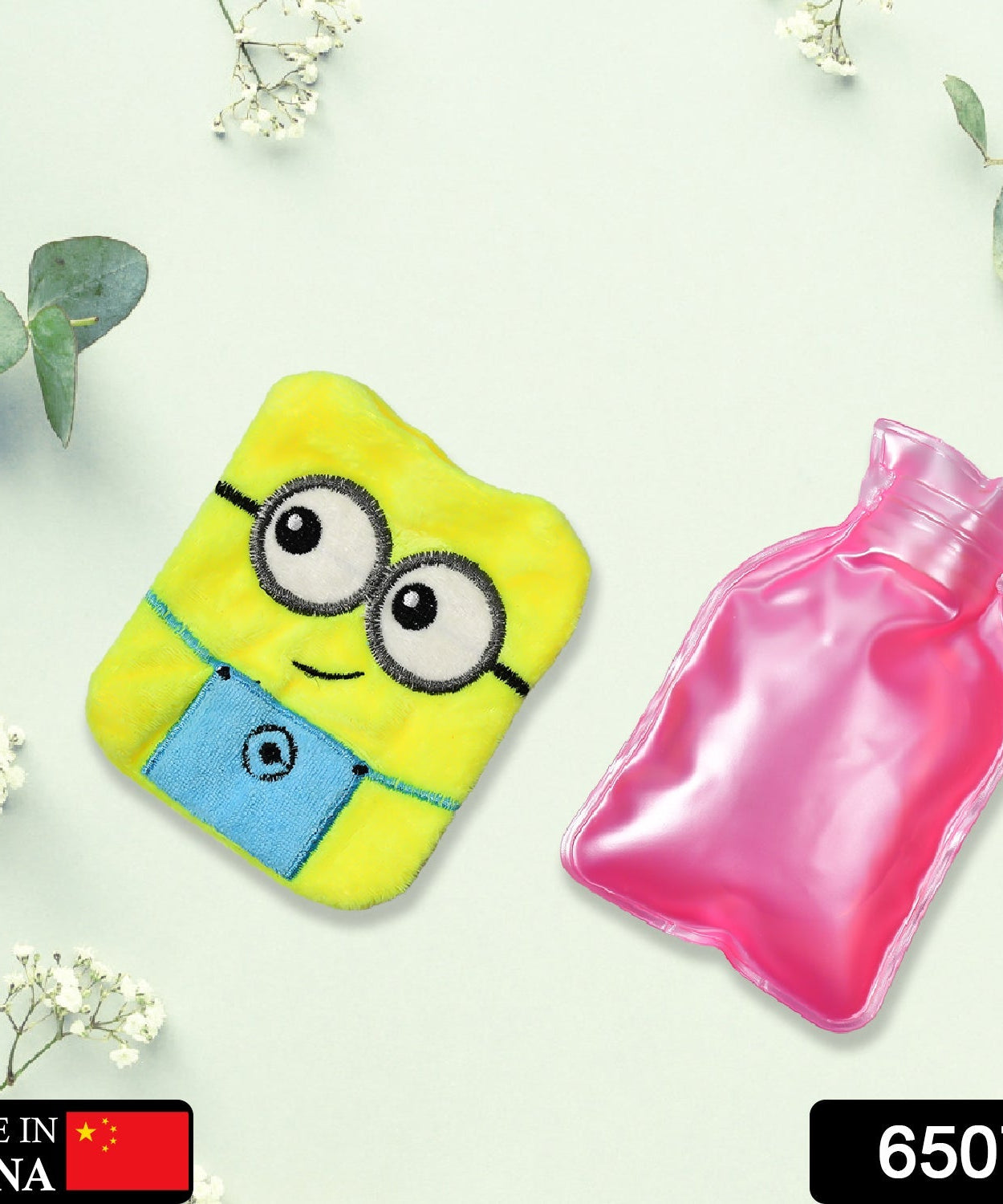 Hot water bag for neck, shoulder, and hand pain relief with a Minions design