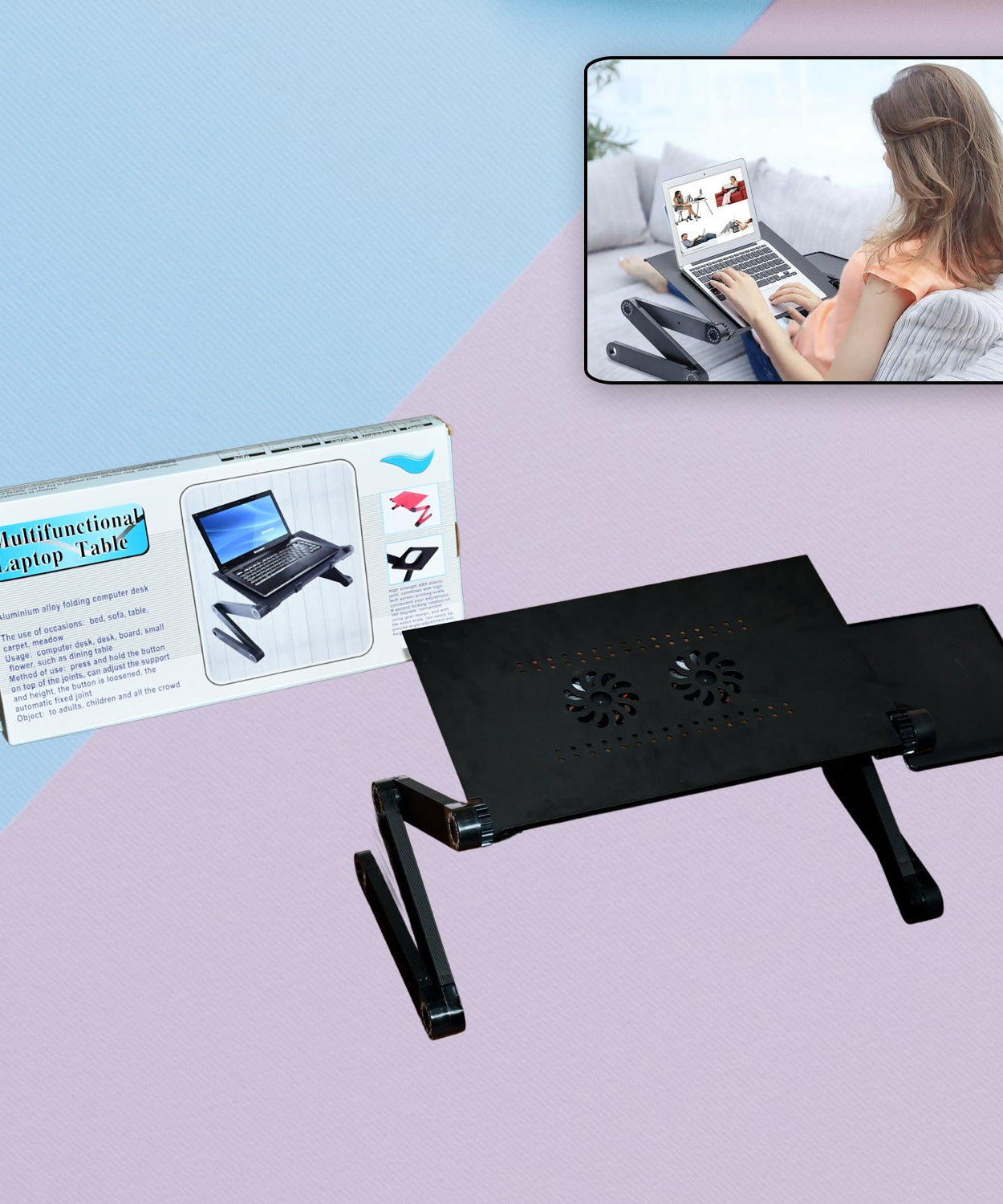 Vented laptop desk with cooling fans, adjustable and foldable for portable use.