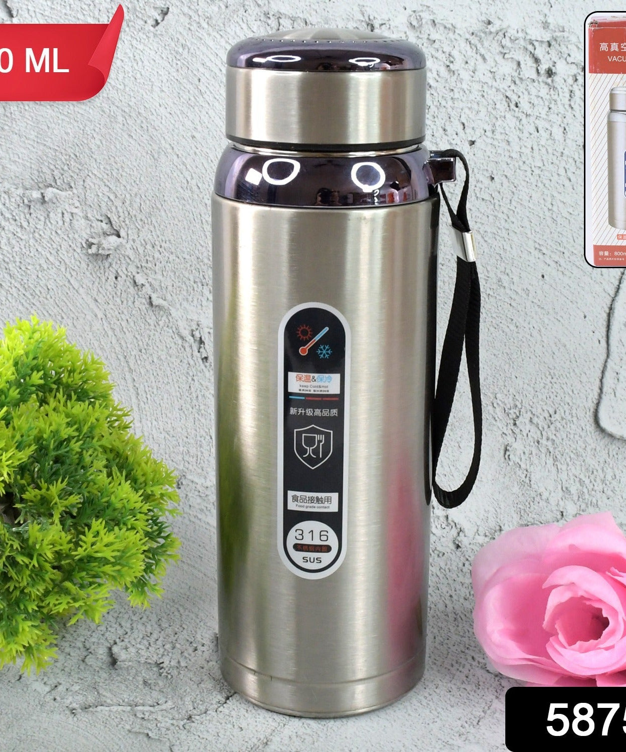 800ml Stainless Steel Water Bottle – Leak-Proof Thermos Flask for Travel, Gym, Office, Home Use (1 Pc)