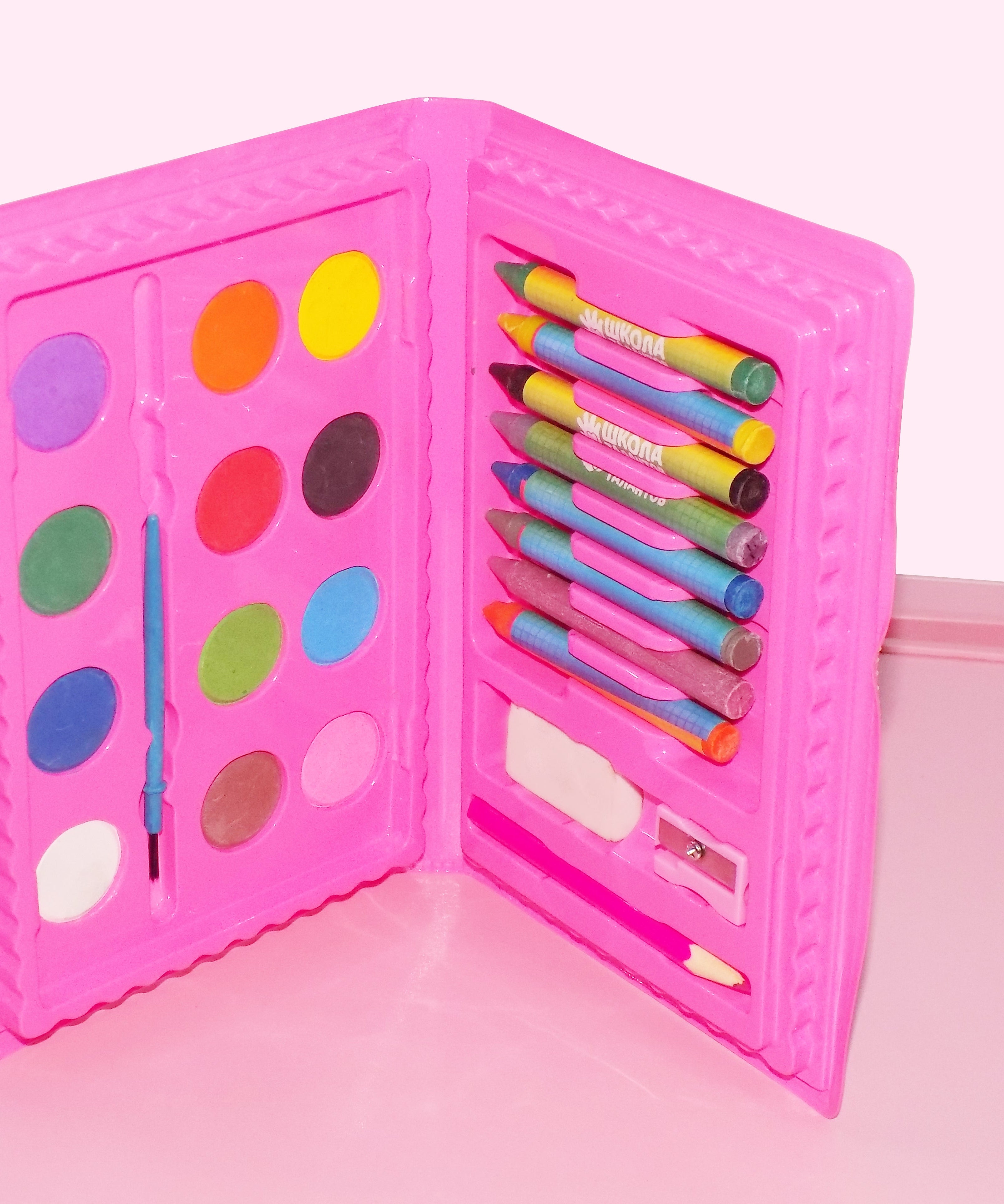 Box of 24 art colors including crayons, markers, and paint.