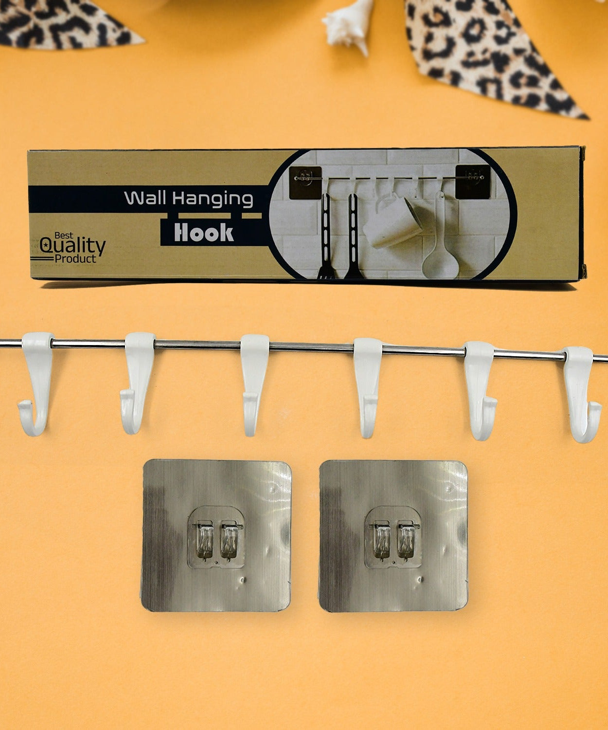 Stainless Steel Utensil Hanger Rail Nail Free Wall Mount with 2 Magic Stickers & 6 Plastic Hooks For Kitchen