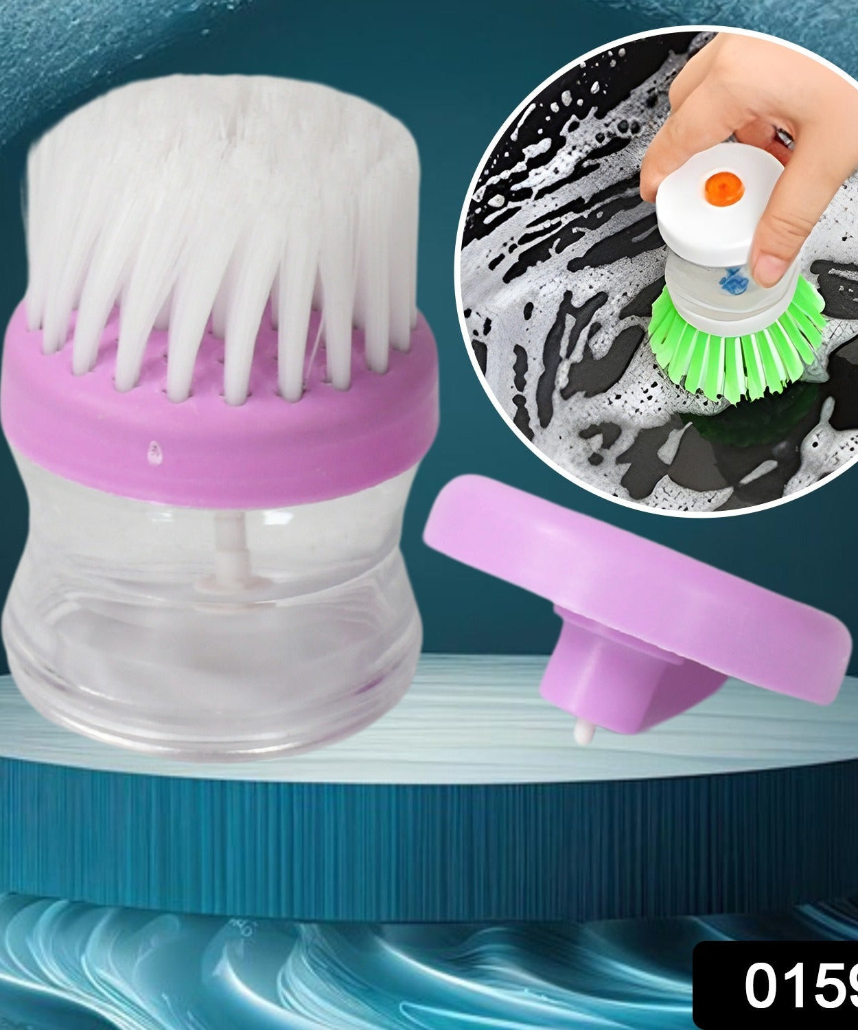 Plastic wash basin brush cleaner with liquid soap dispenser, multicolour.