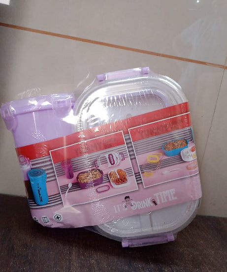 Plastic Lunch Box With Small Box, Bottle & Sponn for Kids Lunch Box (4 Pc Set)