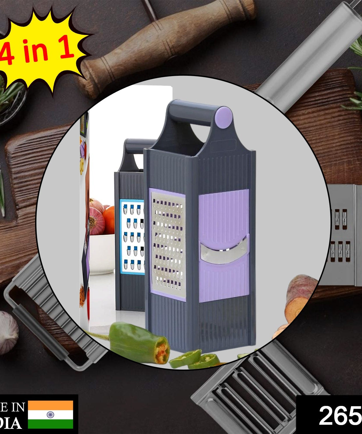 Multi-functional plastic grater with four different blades for fruits and vegetables
