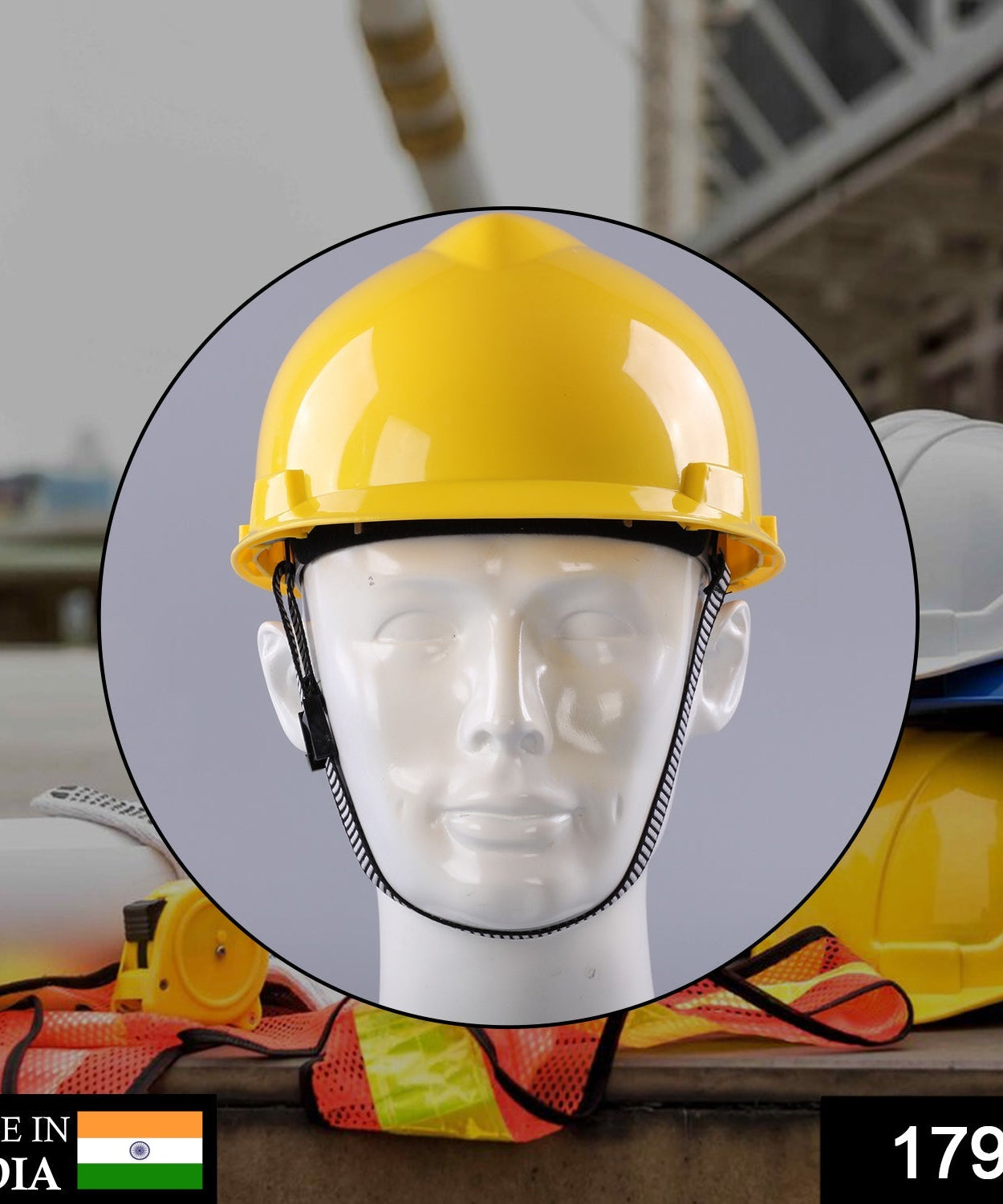 Bright yellow construction helmet, made of sturdy plastic for safety.
