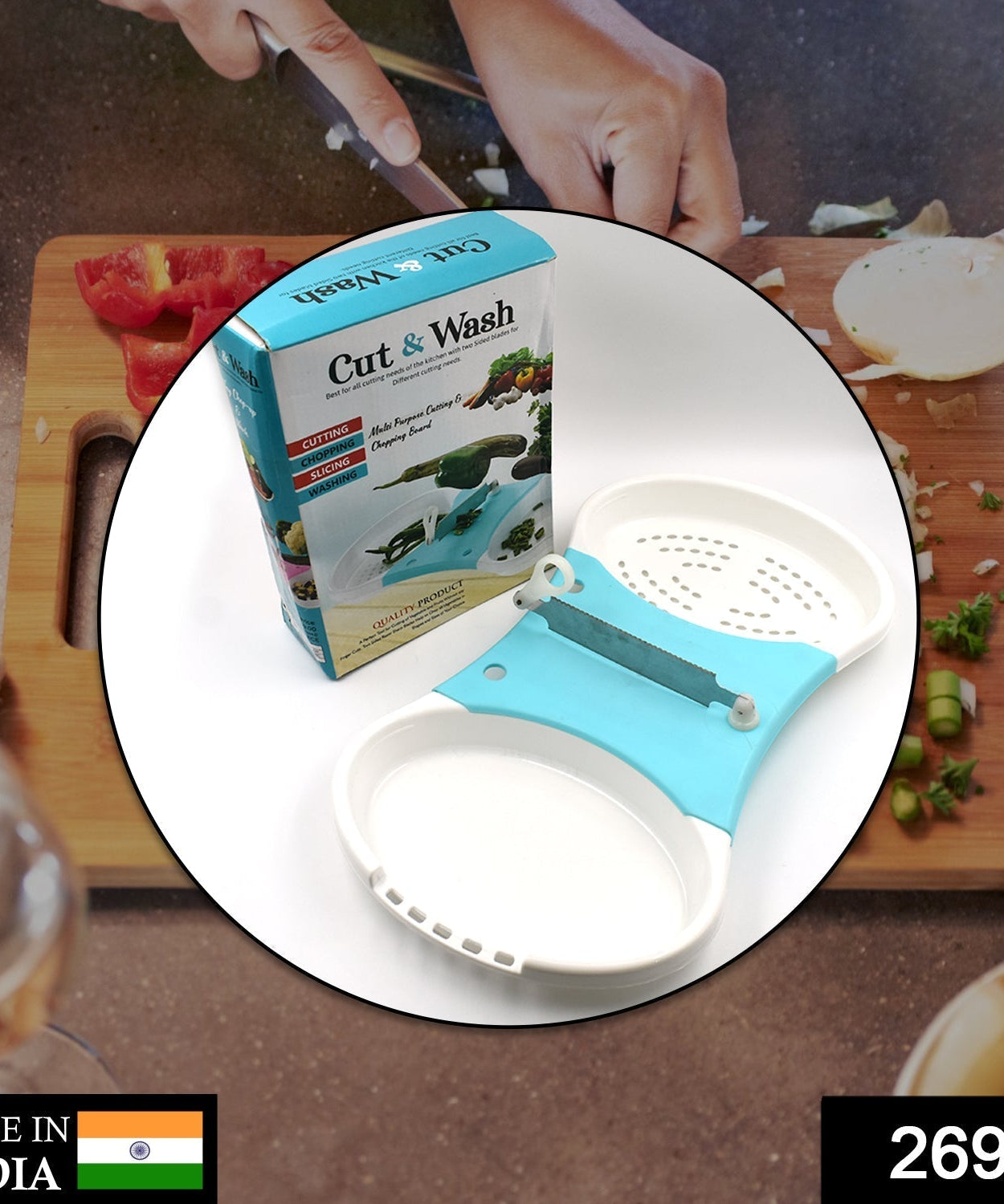 Handy cut and wash kitchen tool for washing and cutting fruits and veggies.