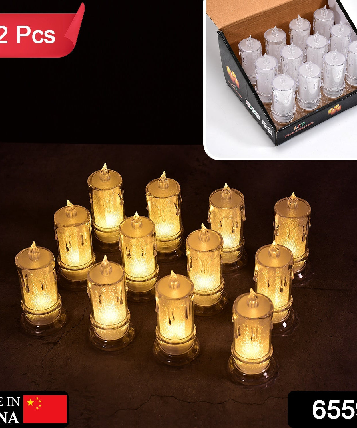 Set of 12 flameless melted candles.