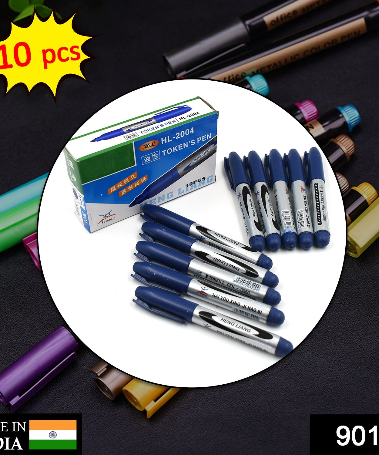 Blue marker and pen set, ideal for whiteboards and classrooms.