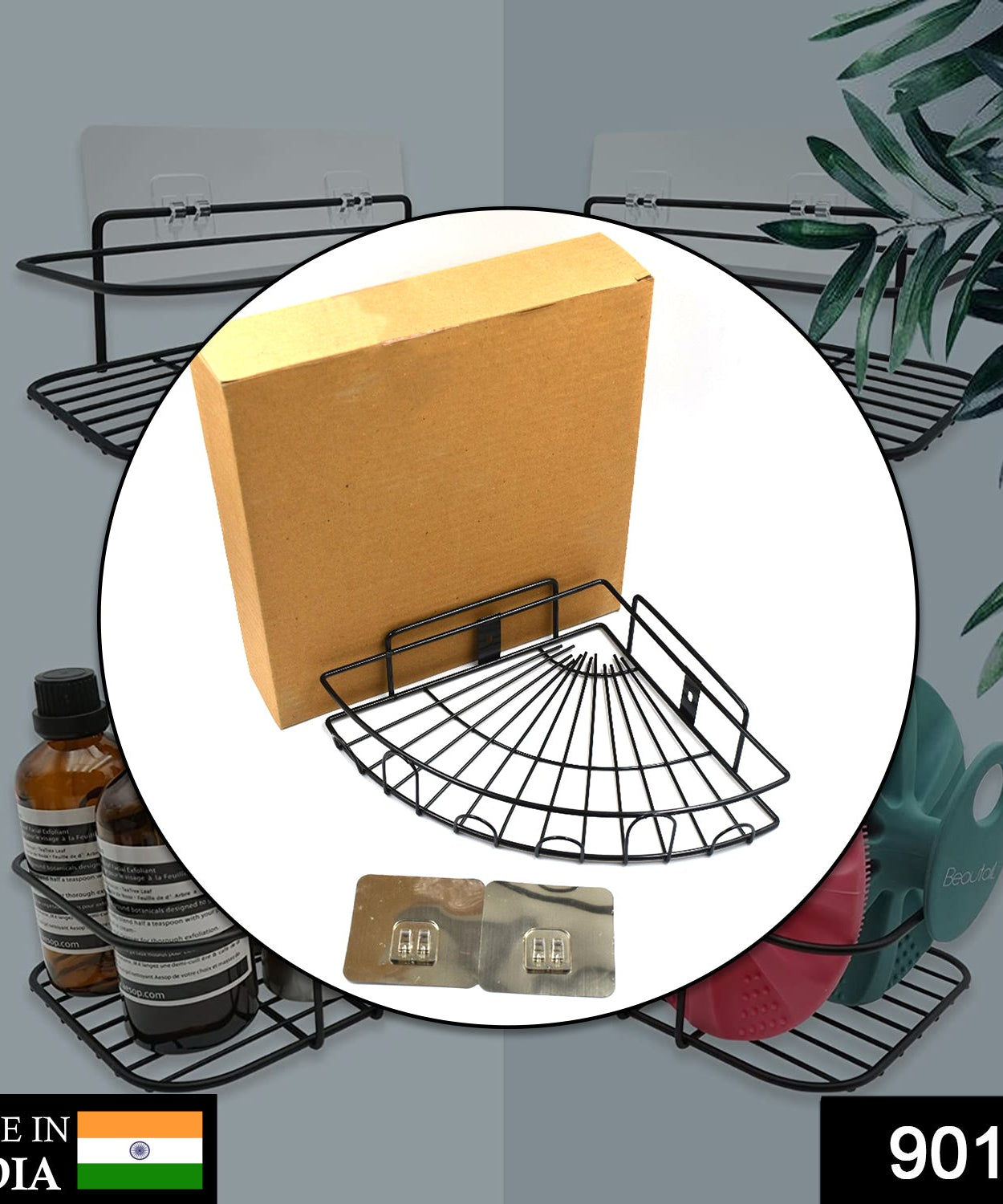 Space-efficient shower caddy corner for holding various bathroom items.