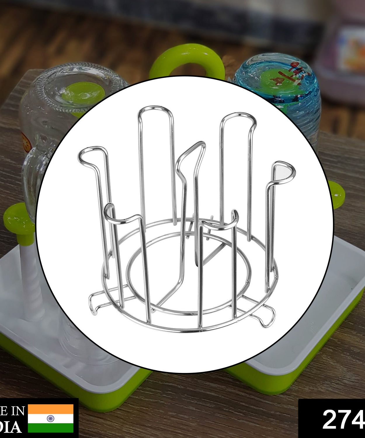 Round glass stand for holding glasses in kitchen