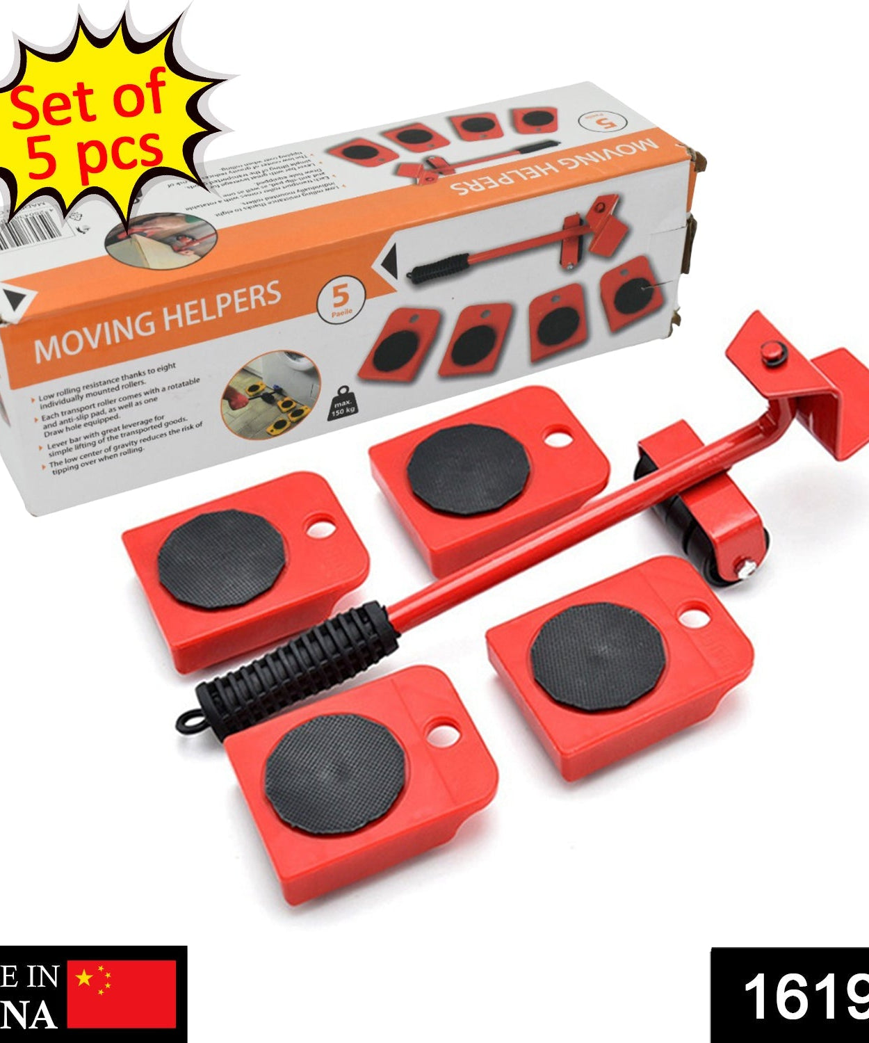 Furniture shifting tool set with levers and pads.