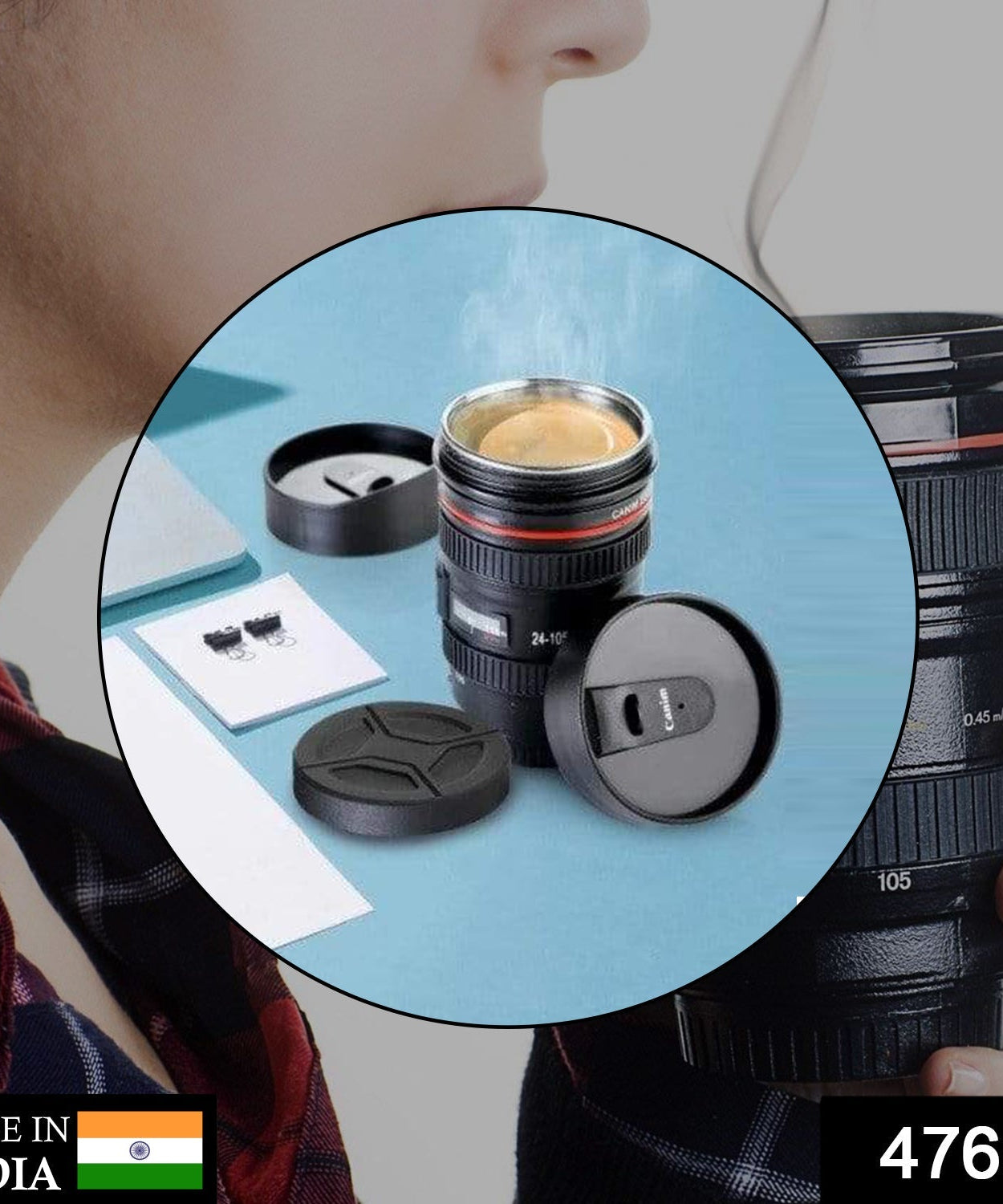 Stainless steel coffee mug with a plastic camera lens design, highlighting the unique shape