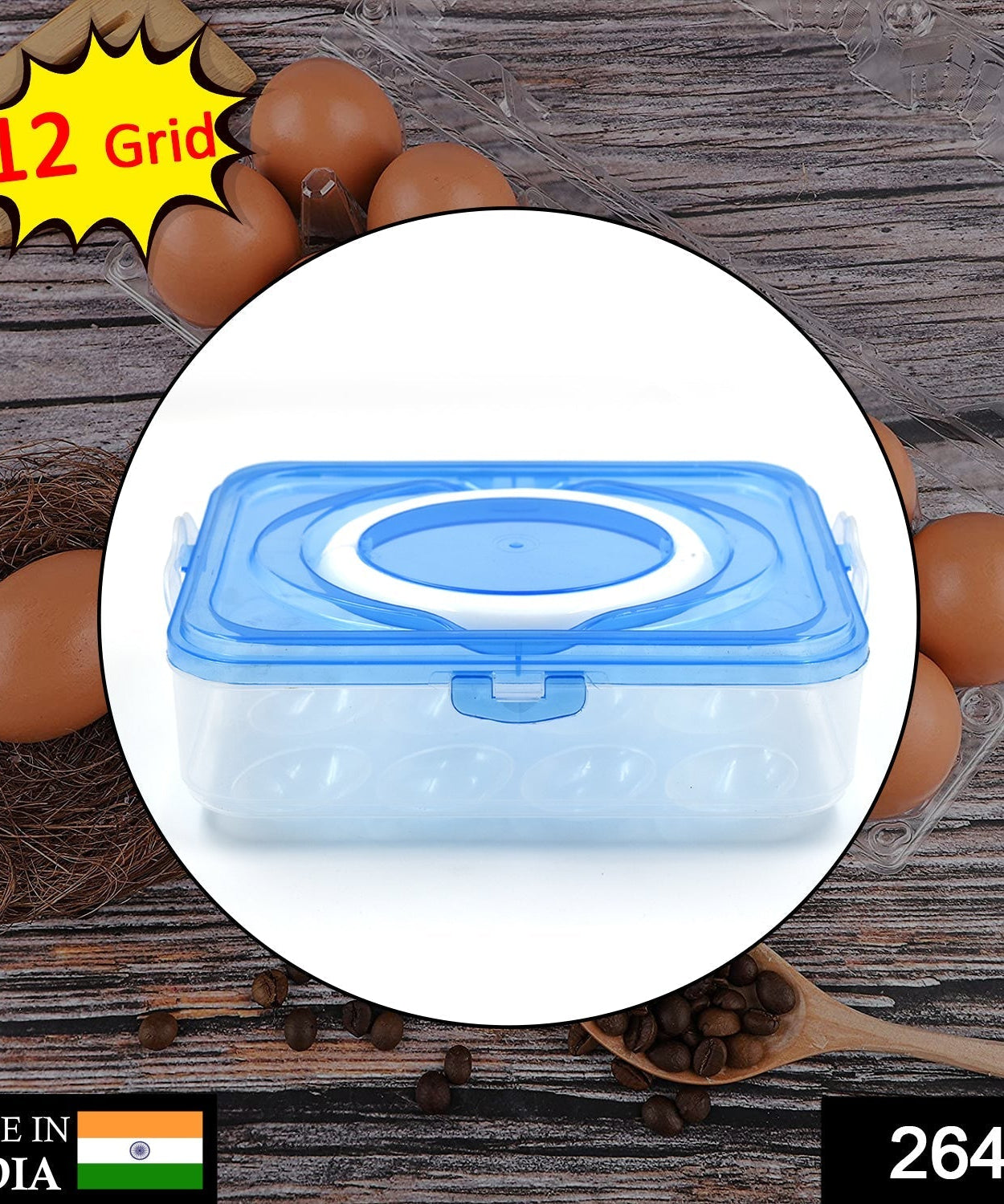 Refrigerator egg holder with 12 compartments, made of plastic for organized egg storage