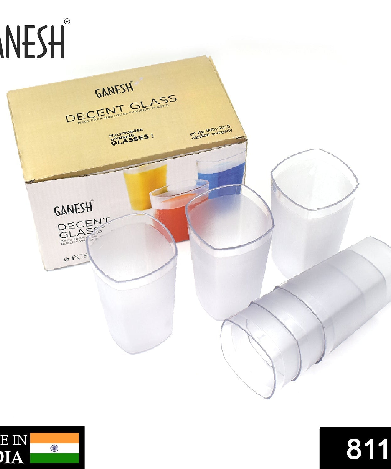 Set of 6 Ganesh Decent glasses, 350ml each, shown from multiple angles.