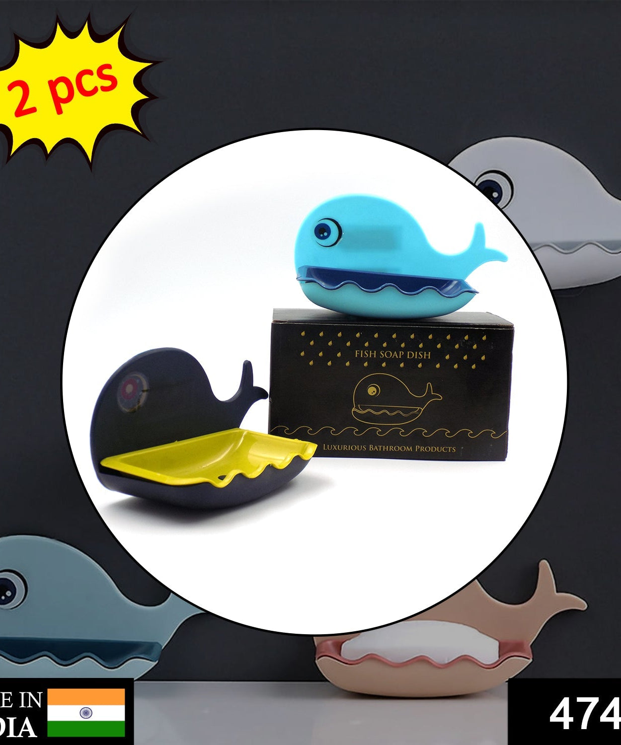 fish-shaped soap dish, showing adhesive backing for wall mounting and waterproof design