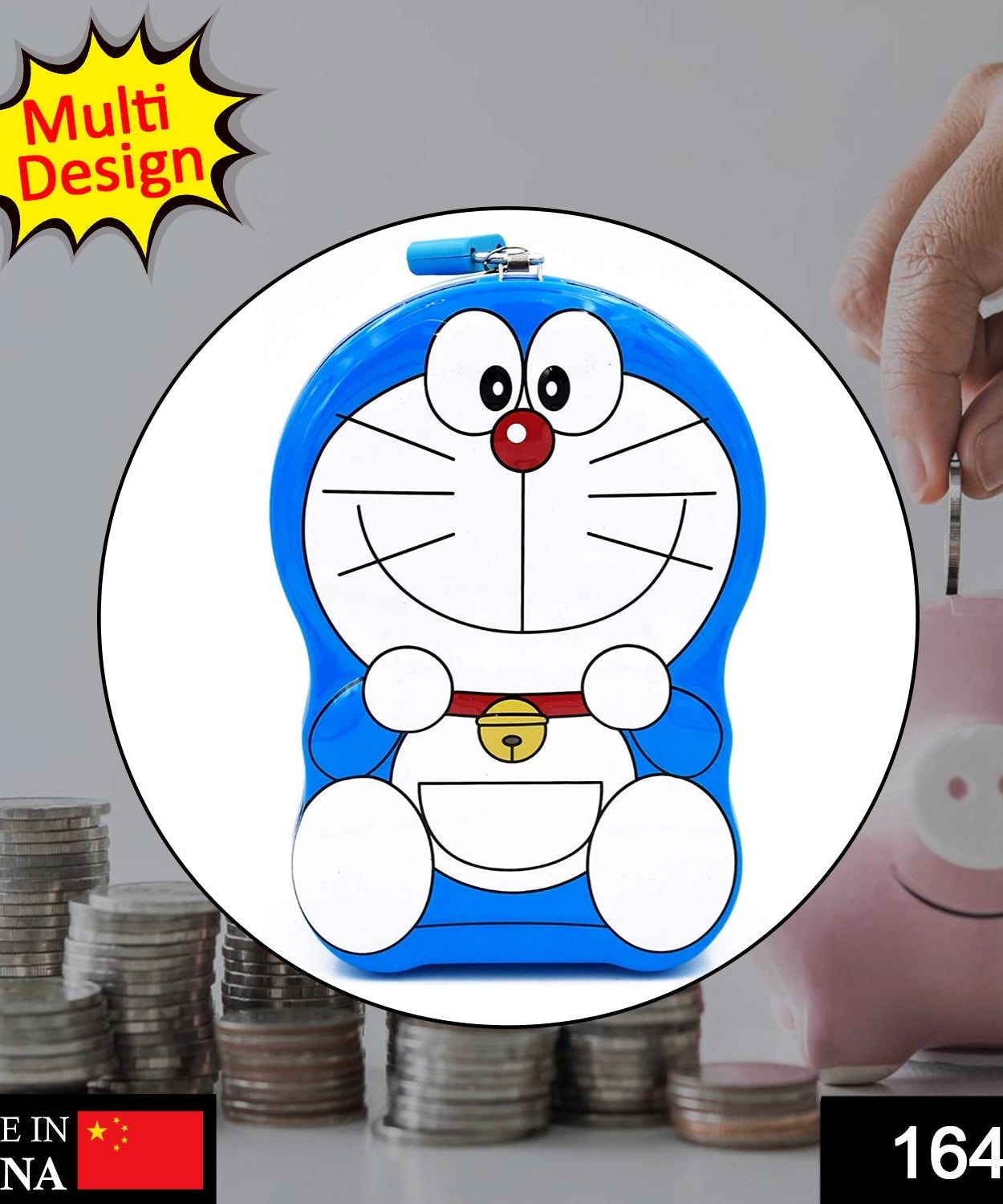 Cartoon character piggy bank made of metal for storing coins and money