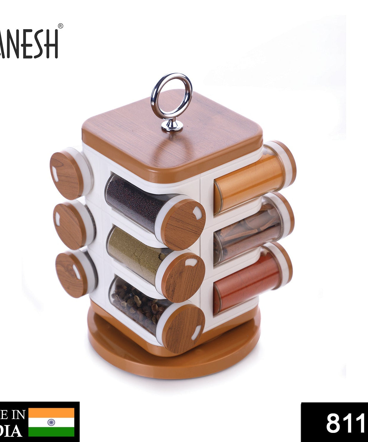 12-jar revolving spice rack by Ganesh, masala box, jars arranged.