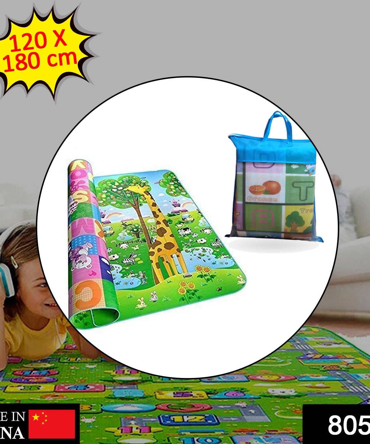 Double-sided waterproof baby play mat with bag, showing its design and size of 120 x 180 cm