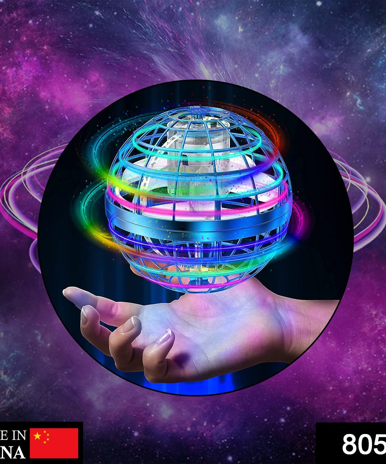 USB rechargeable flying orb ball with built-in RGB lights.