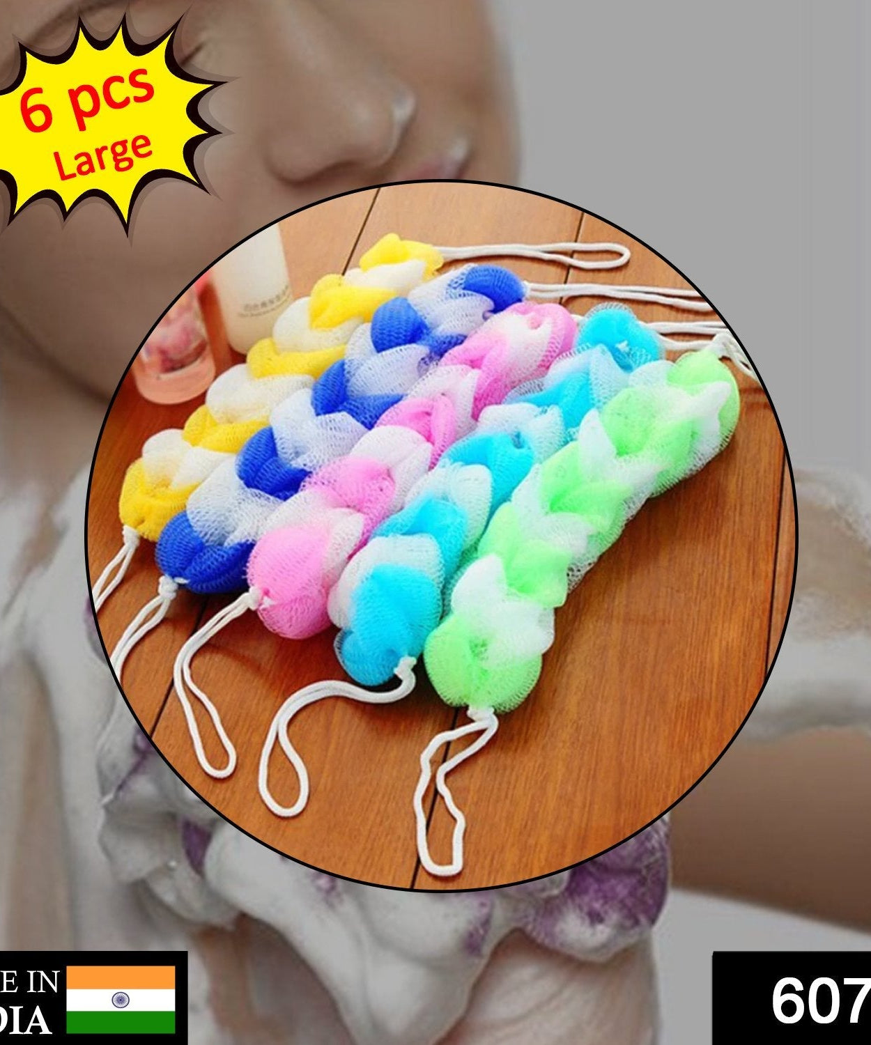 Long loofah sponge pouf, perfect for exfoliating and cleansing skin.