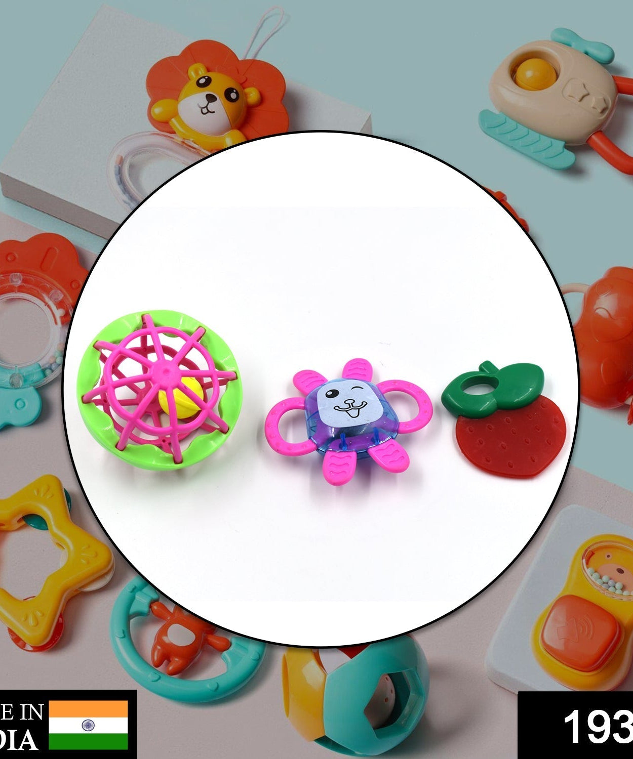 Three vibrant baby rattles with different textures for engaging playtime.