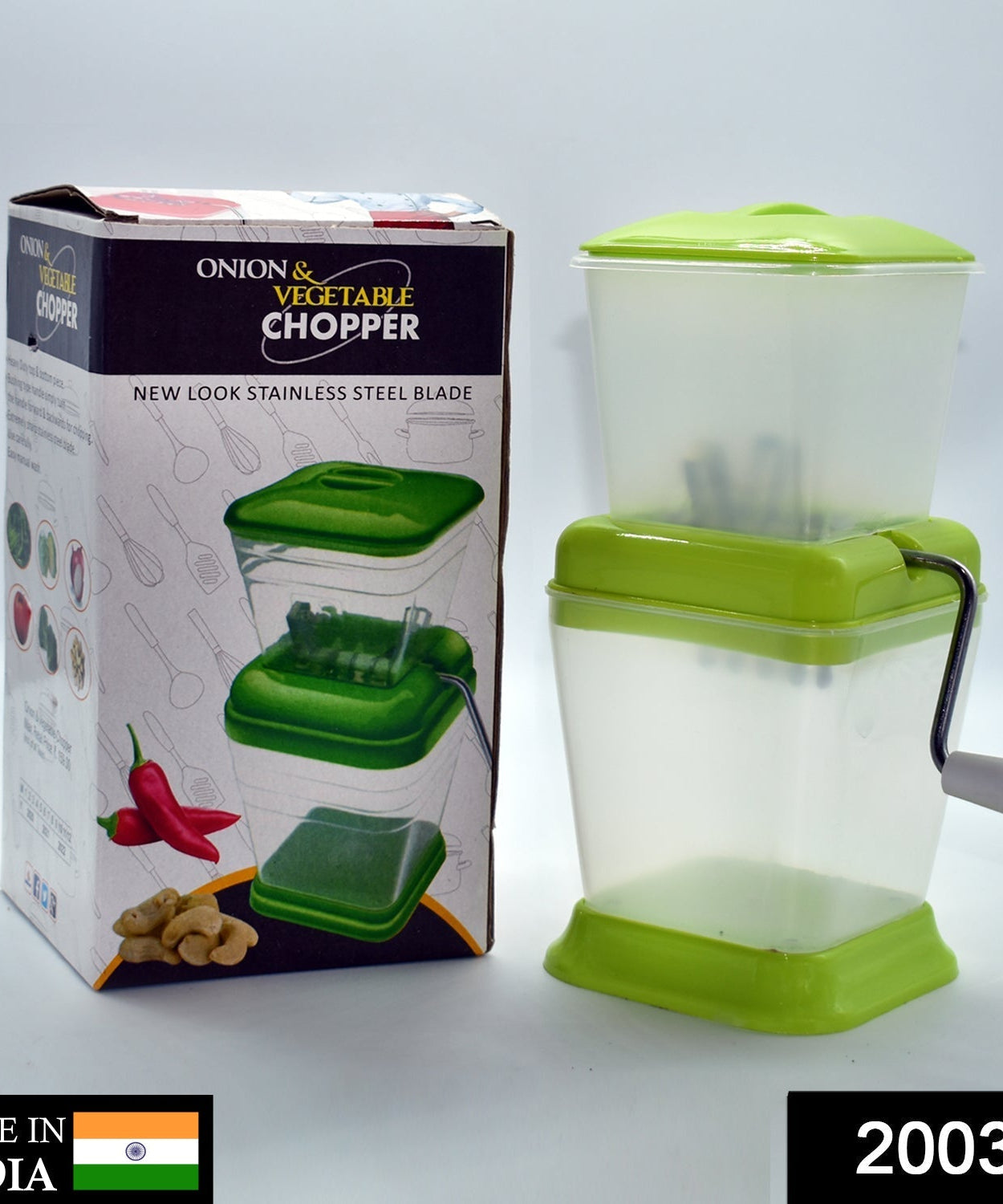 Quick vegetable chopper for onions with rotating blade.