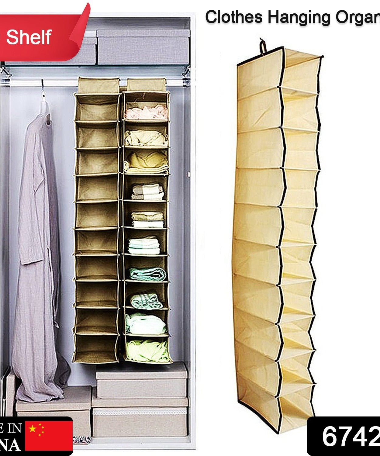 Foldable fabric wardrobe organizer with multiple tiers.
