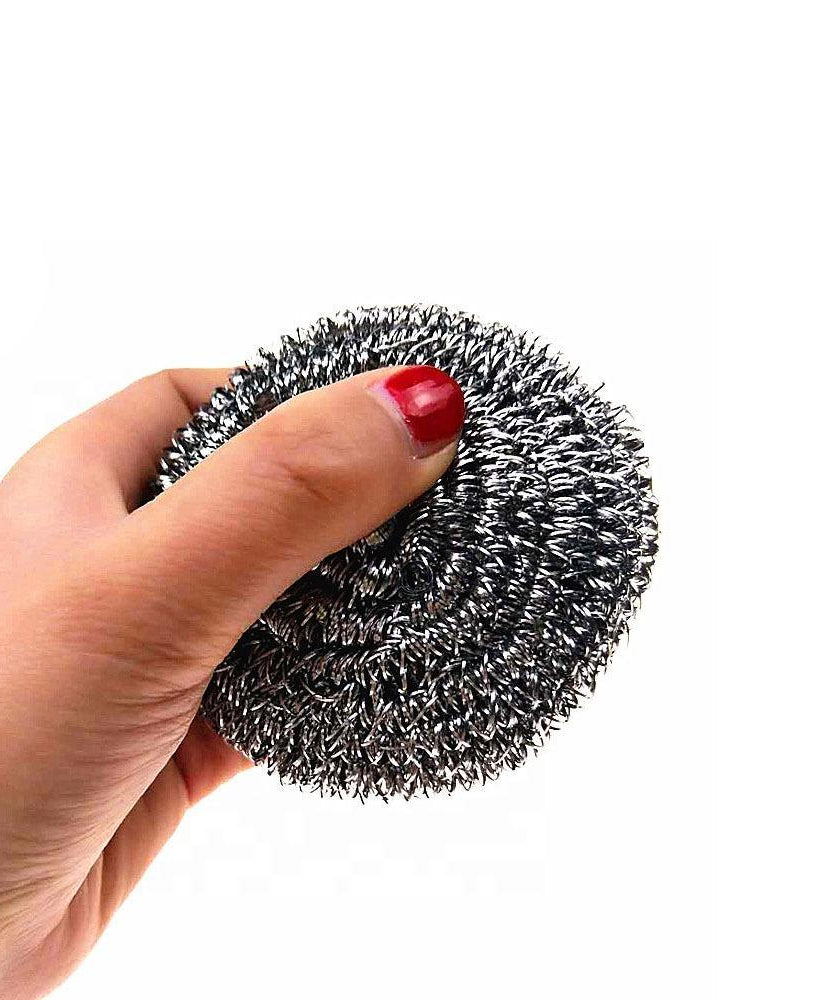 Single-piece stainless steel scrubber, perfect for heavy-duty cleaning tasks in the kitchen.