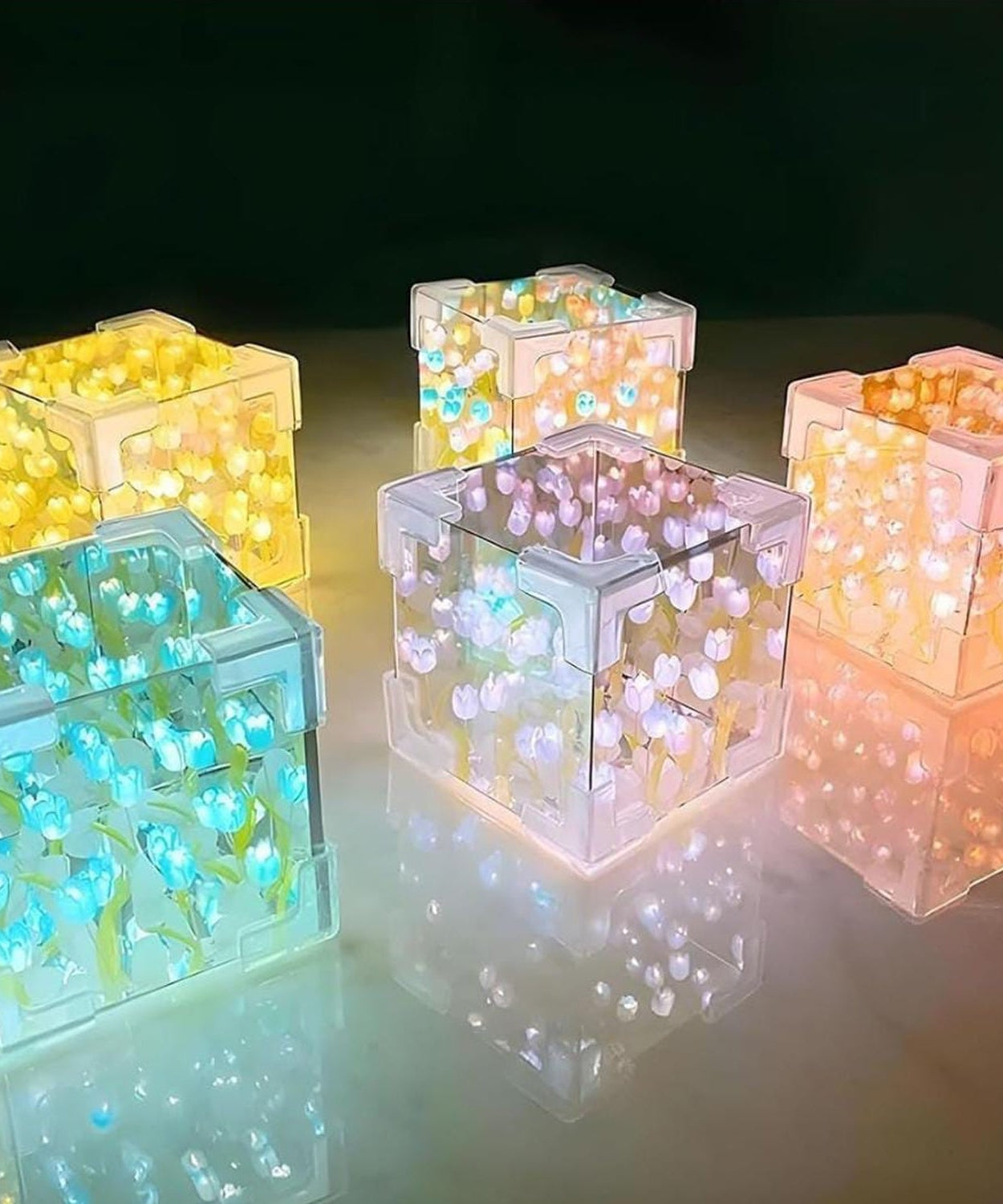 Cube Tulip Night Lamp | Led Decorative Nights Lamp (Multicolor & Design / 1 Set)