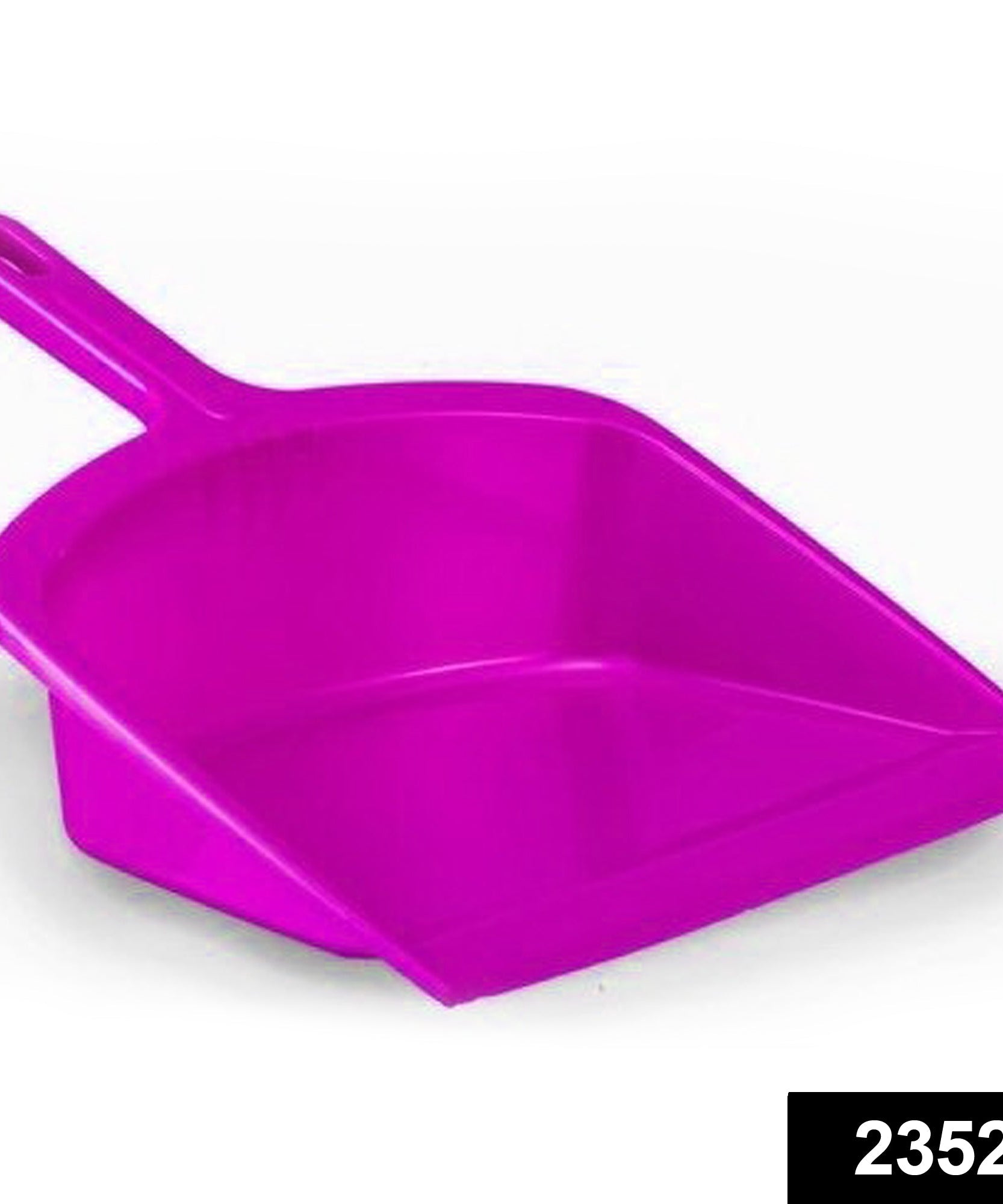 Strong plastic dustpan with handle, perfect for various surfaces.